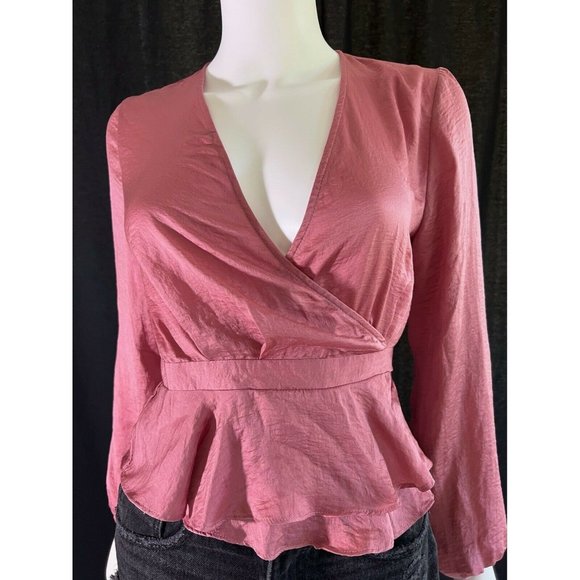 Topshop Women's Blouson Sleeve Wrap Blouse Pink Satin Size US 2 EUR 34 - Picture 5 of 12